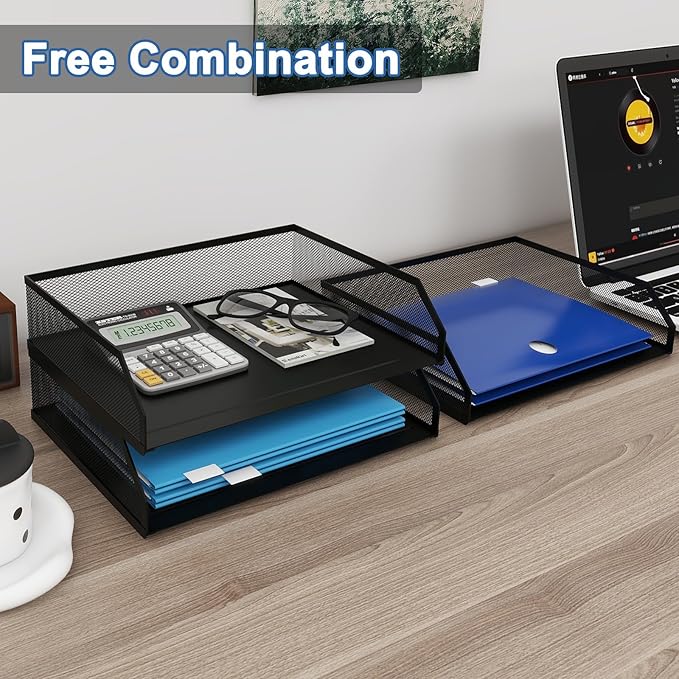 Natwind 3-Tier Stackable Paper Tray Metal Mesh Desktop Organizer A4 Paper Sorter Letter TraysFile Folder Sorter Organizer with Sliding Tray for Home Office School (Black)