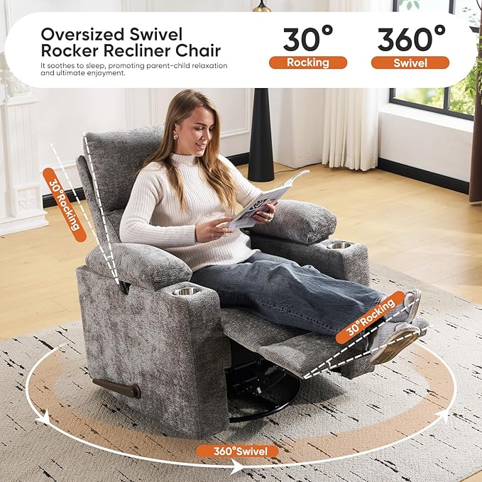 Swivel Rocker Recliner with Adjustable Armrests Rocking Nursery Chair with Adjustable Headrest Cup Holder Manual Recliner Nursing Chair for Breastfeeding Chenille Dark Grey