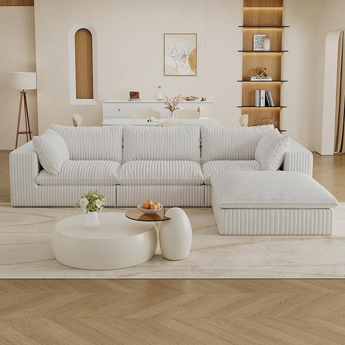Cloud Compressed Modular Sectional Sofa 118 Oversized L-Shaped Corduroy Couch with 39 Deep Seat &amp Large Ottoman Soft Frameless Sponge Pit Sofa for Movie Room &amp Living Room | Plush Wider A