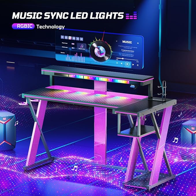 Bestier Computer Desk with Music Sync Light Flow Vibe Corner Desk with Monitor Stand and PS5 Storage Shelves Cup Holders and Headset Hooks for Bedroom Small Space (Black Purple 57 Inch)