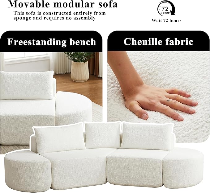 106“ Boneless Chenille V-Shaped Modular Sofa Set Three Throw Pillows 3-Seater Sofa Two Curved Ottomans Combination Couch for Living Rooms (Beige 106 Left Chaise)
