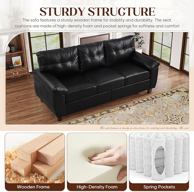 Faux Leather Sofa Couch and Loveseat Sets with Hidden Storage &amp Tufted Backrest Mid Century Modern Couch Deep Seat Comfy Chesterfield Sofa for Living Room Office(Loveseat + 3 Seater Sofa Black