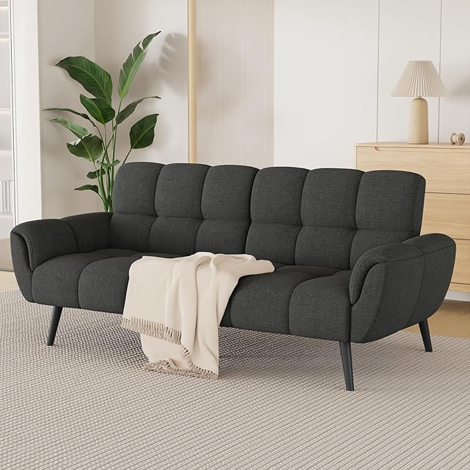 Futon Sofa Bed Convertible 77 Modern Linen Futon Couch Comfy Sleeper Sofa with Adjustable Backrests Couch Bed for Small Spaces Living Room Bedroom Apartment Dark Gray