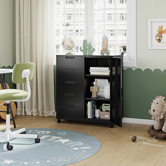Letaya 5 Drawer Storage Cabinet Mobile Printer Stand for Home OfficeDresser Chest with Shelves and Door(Black)