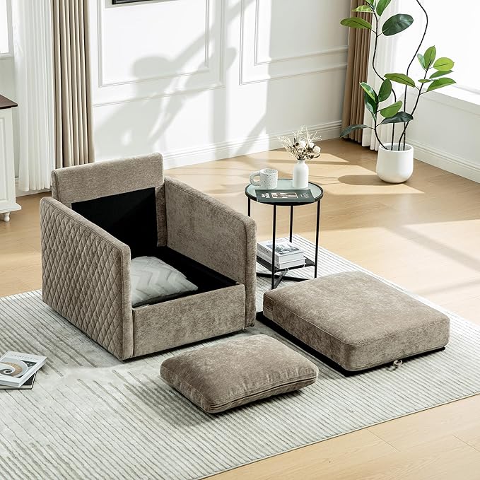 KEIKI Modern Upholstered Swivel Accent Armchair with Storage Tufted Lounge Chair for Reading Corners