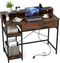 Tangkula Small Computer Desk with Power Outlets 42 Writing Desk with Hutch Drawer &amp 2 Open Shelves Gaming Table with Heavy-Duty Metal Frame for Home Office (Rustic Brown)