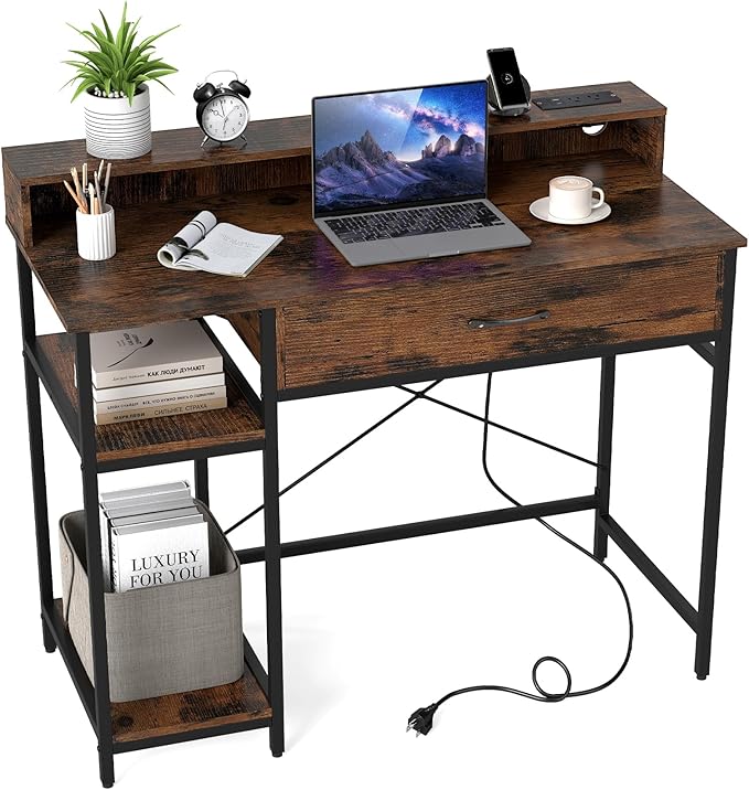 Tangkula Small Computer Desk with Power Outlets 42 Writing Desk with Hutch Drawer &amp 2 Open Shelves Gaming Table with Heavy-Duty Metal Frame for Home Office (Rustic Brown)