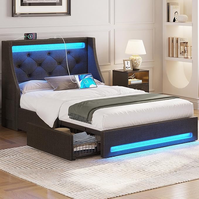 Rolanstar Twin Bed Frame with LED Lights and Charging Station Upholstered Bed with Drawers Wooden Slats Noise Free Easy Assembly Dark Gray