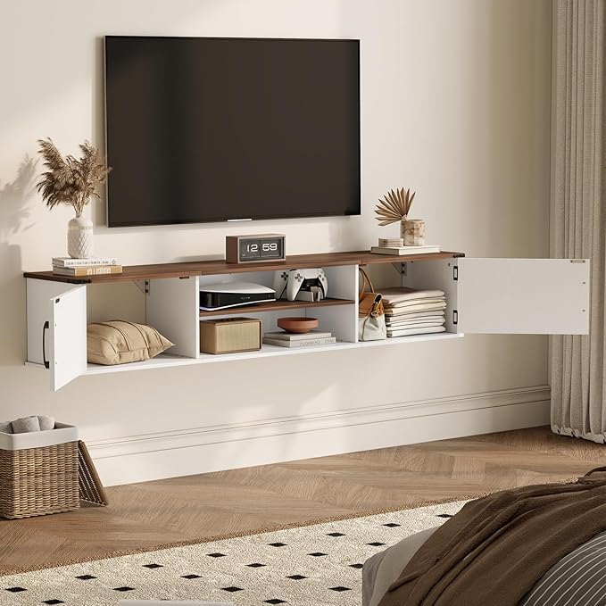 Floating TV Stand with Doors 63'' Farmhouse Floating TV Shelf for TVs up to 80 Inch 2 Tier Wall Mounted TV Stand Floating Entertainment Center TV Floating Cabinet for Living Room Bedroom White