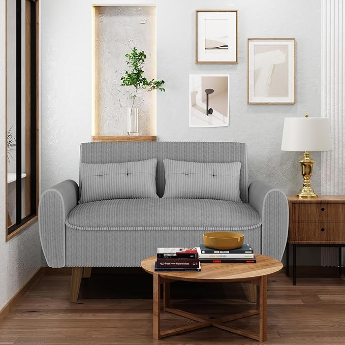 Shintenchi Small Modern Loveseat Couch Sofa Mid Century Fabric Upholstered 2-Seat Sofa Couch Love Seats Furniture for Small SpaceLiving RoomStudioApartment with 2 PillowsLight Grey