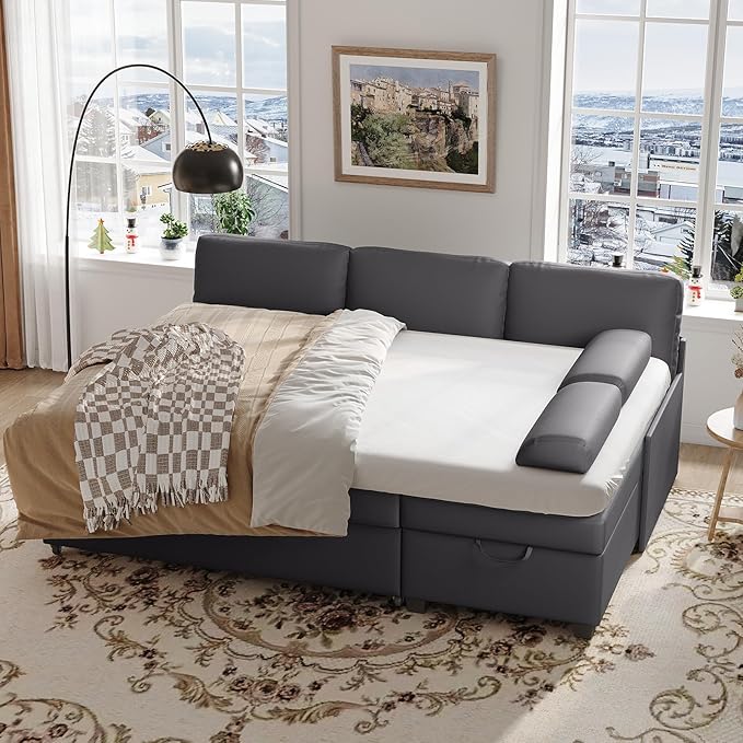 80 inch Convertible Sectional Sofa L-Shaped Sofa Sleeper with Reversible Chaise Faux Leather Couch Bed with StorageRemovable ArmrestModern Pull Out Bed for Living Room BedroomGray