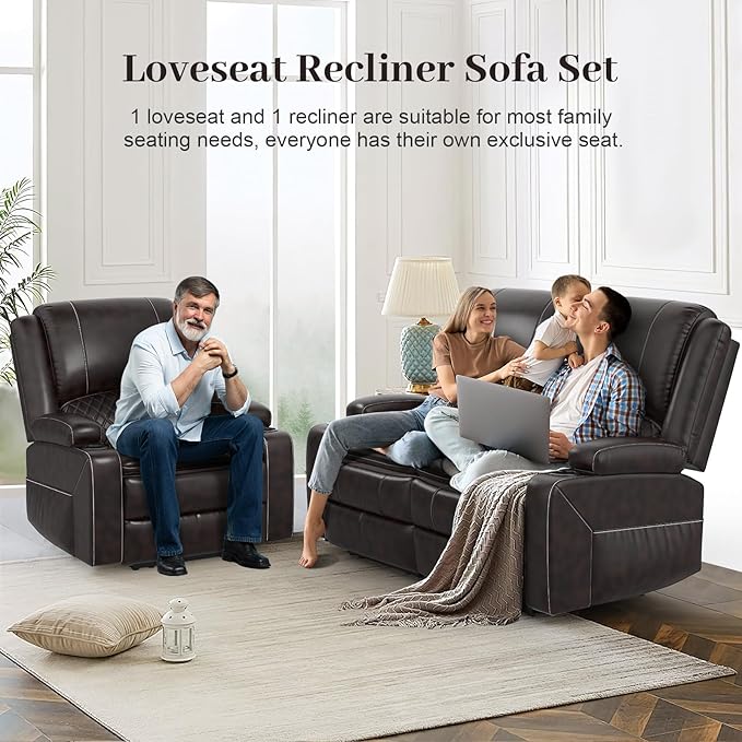 Loveseat Lounger Sofa Set with 2 Layers Cushion Living Room 2+1 Piece 2 Seater Reclining Double Sofa Leather with Removable Console 1 Oversized Lounger Sofa Seats