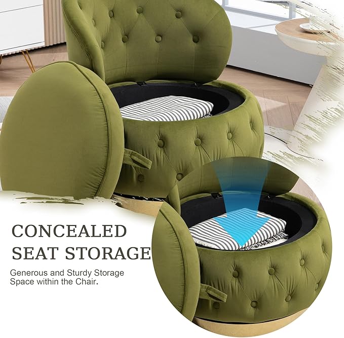 Modern Swivel Accent Barrel Chair with Storage Comfy Barrel Chair with Tufted Button and Cozy Cushion for Living Room Bedroom Office Velvet Gold Base Mid Backrest (Olive Green)