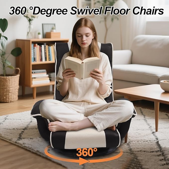 Linen Fabric Ergonomic Gaming Chair 6-Position Reclining Sofa Bed with Lumbar Support Foldable Floor Lounger with Thick Cushion Armrests &amp Side Pockets for Esports Reading Napping (Brown + Be