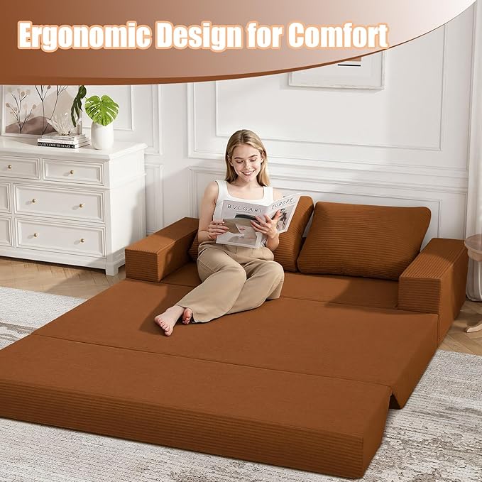 COMAX Convertible Sofa Bed Queen Corduroy Folding Floor Couch Pull Out Couch Bed Futon Sleeper with Pillows Fold Out Boneless Sofa Comfy Lounge Mattress Loveseat for Living Room Bedroom Orange