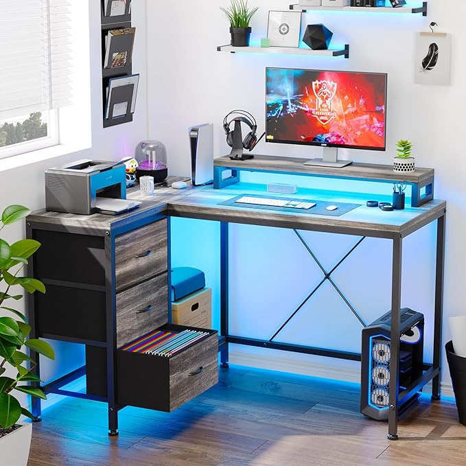 41 Inch Computer Desk with 3 Drawers LED Lights &amp Power Outlets Gaming Desk with USB Charging Station Home Office Desk with Monitor Stand and Cationic Fabric Drawers