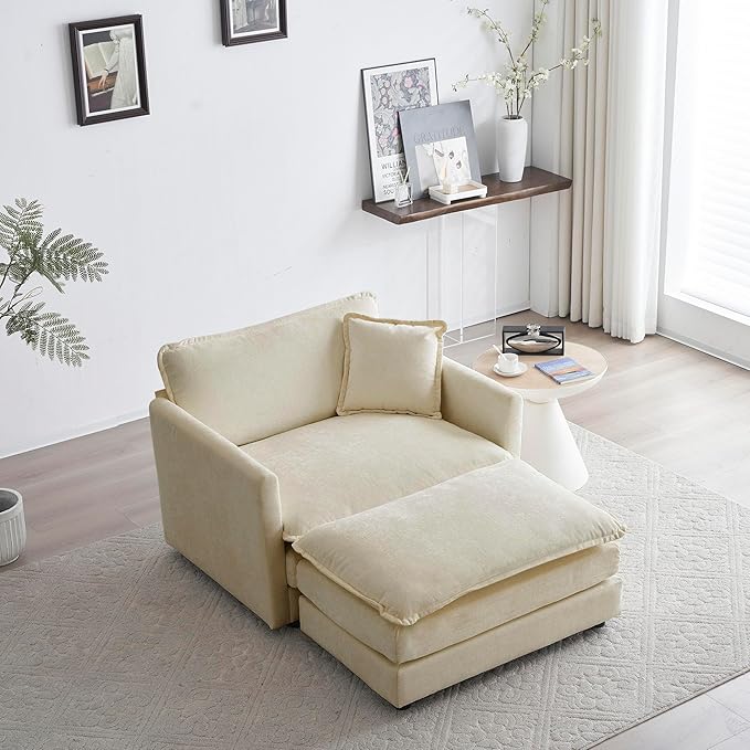 Modern Accent Chair Wide Accent Armchair with Ottoman Upholstered Single Club Chair for Living Room (Chenille Fabric in Beige 1 Seat and 1 Ottoman)