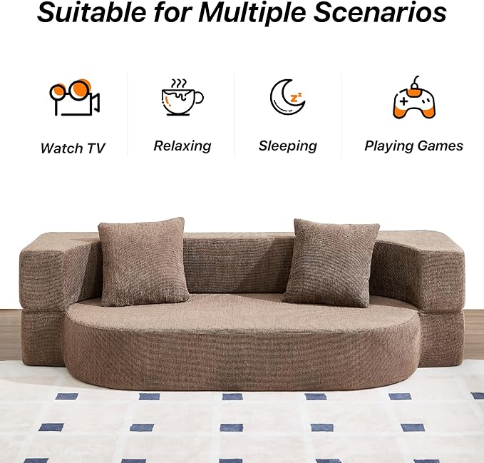 Folding Sofa Bed Convertible Futon Sleeper Bed 2-in-1 Foldable Floor Mattress with 2 Pillows Breathable High-Density Foam Lazy Couch Comfy Lounge Chair Brown