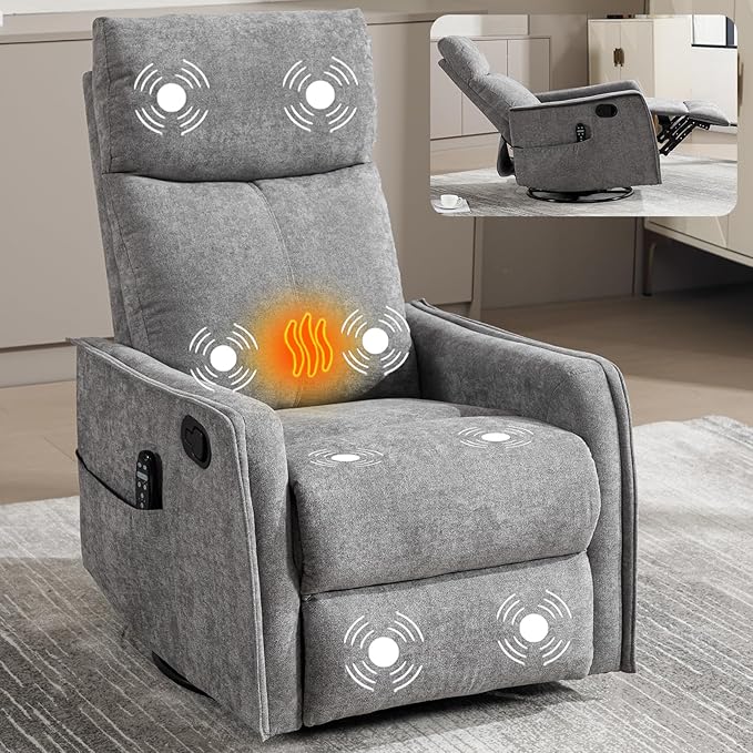 Massage Chair Recliner with Heat Swivel Rocking Chair Recliner with High Back Manual Nursery Recliners for AdultsSmall Recliner Chair for Small Spaces Living Room Bedroom Fabric (Light Grey)