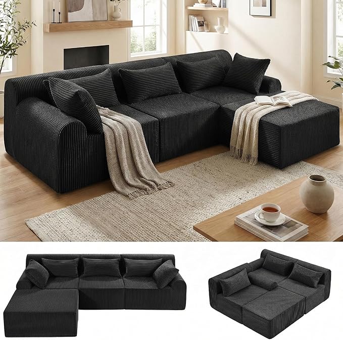 Oversize Boneless Couch for Living Room Comfort L Shaped Cloud Couch Sectional with Deep Seat and Movable OttomanModular Sectional Sofa with 5 PillowsNo Assembly RequiredBlack