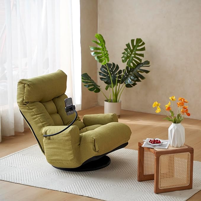 KEIKI Upholstered Sofa Chair with Phone Holder Adjustable Reclining Swivel Armchair with 5-Angle Lounge Backrest &amp Rotating Base Single Chair for Living Room Green