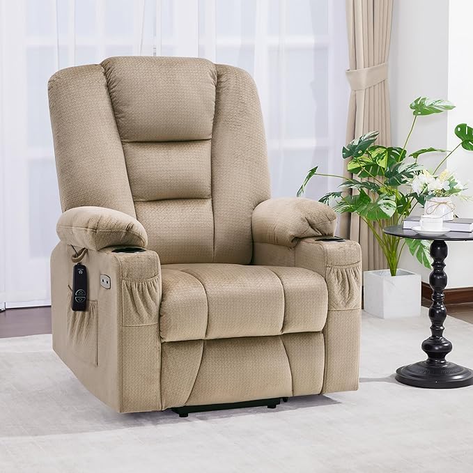 MCombo Large Power Lift Recliner Chair Sofa with Massage and Heat for Big and Tall Elderly People 3 Positions Cup Holders and USB Ports Fabric 7549 (Large Beige)