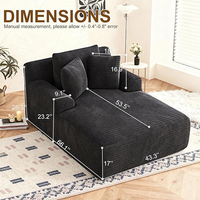 Avenix 66 Boneless Oversized Chaise Lounge Chairs Indoor Boneless Oversized Chaise Lounges Indoor Boneless Oversized Reading Chairs Cloud Sleeper Sofa Couch Bed with 3 Pillows for Living RoomBlack
