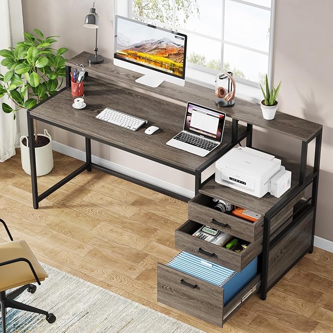 LITTLE TREE 63 Inch Computer Desk with File Drawer Cabinet Home Office Desks with Ergonomic Monitor Stand