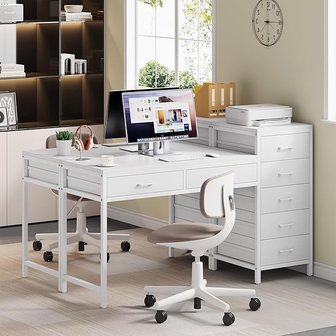 Computer Desk with Reversible Drawer 55 inch Home Office Desks with 7 Drawers Modern Compact Study Writing Table Workstation with Storage for Small Spaces All White