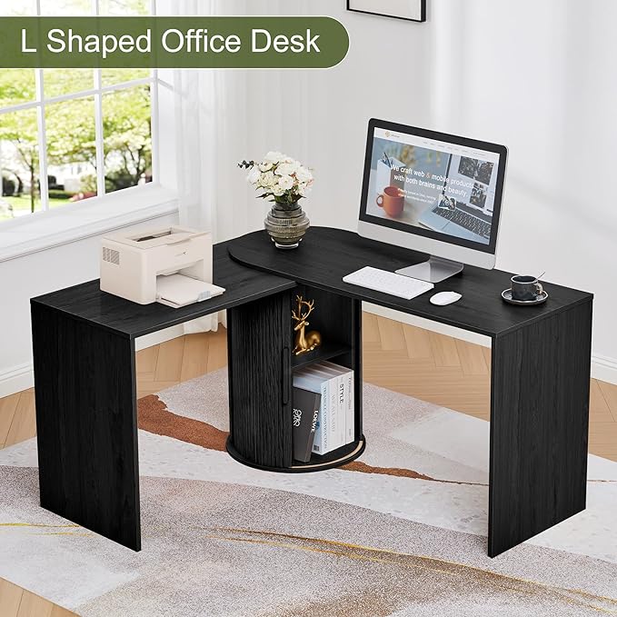 Home Office Desk L Shaped 51-Inch Small Space Modern Office Computer PC Desk with Storage File Cabinet and Reversible Tabletop Corner Work Table for ExecutiveStudyWriting - Black
