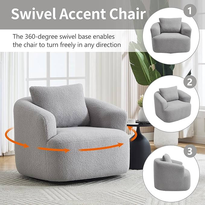 PELUMY Swivel Accent Chair Modern Round Barrel Chair Soft Teddy Fleece Fabric Swivel Chair for Living Room 360 Rotating Small Space Comfort Reading Chair No Tools Assembly (Light Grey)