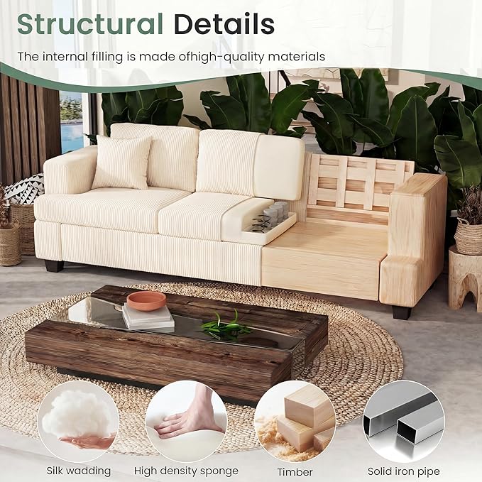 3 Pieces Corduroy Couch Set for Living Room 3 Seater &amp Loveset*2 Cloud Sofa Deep Seat Floor Couch for Bedroom Futon Modern Sofa Bed White Corduroy