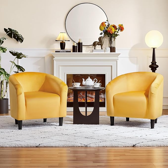 Yaheetech Barrel Chairs Velvet Accent Chairs with Soft Padded Armrest for Living Room Bedroom Waiting Room Office Set of 2 Yellow