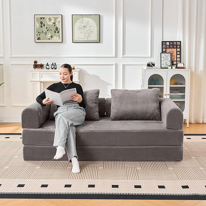 79 Convertible Sofa Bed 5-in-1Boneless Couch for Living Room with 2 Pillows Corduroy Folding Sleeper Sofa Bed Boneless Cloud Loveseat Futon Sofa Bed for Living Room Bedroom LoungeDark Gray