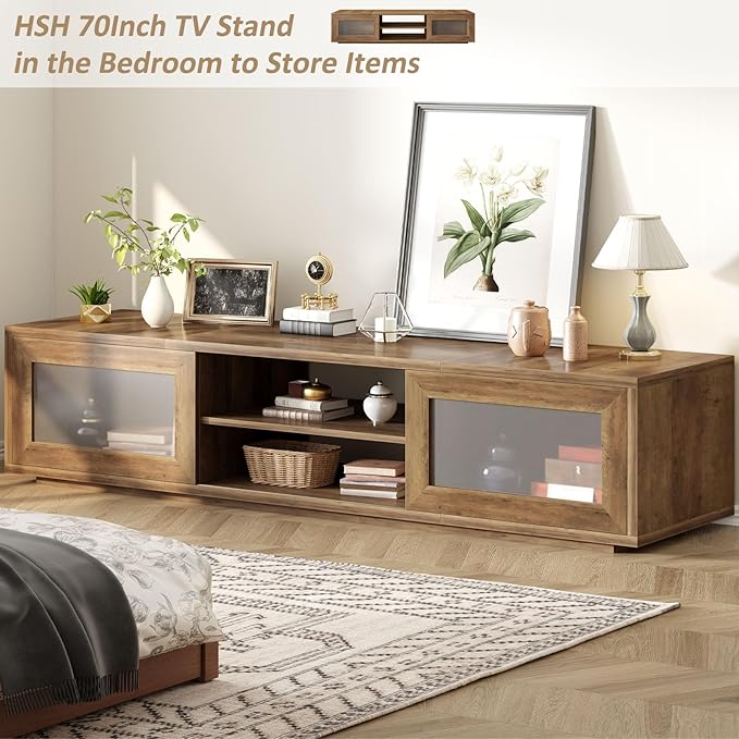 HSH 70 inch TV Stand for 75 TVEntertainment Center for Living Room Under TV Storage CabinetLow Modern TV Media Console Wood with Sliding Doors for BedroomRustic Oak