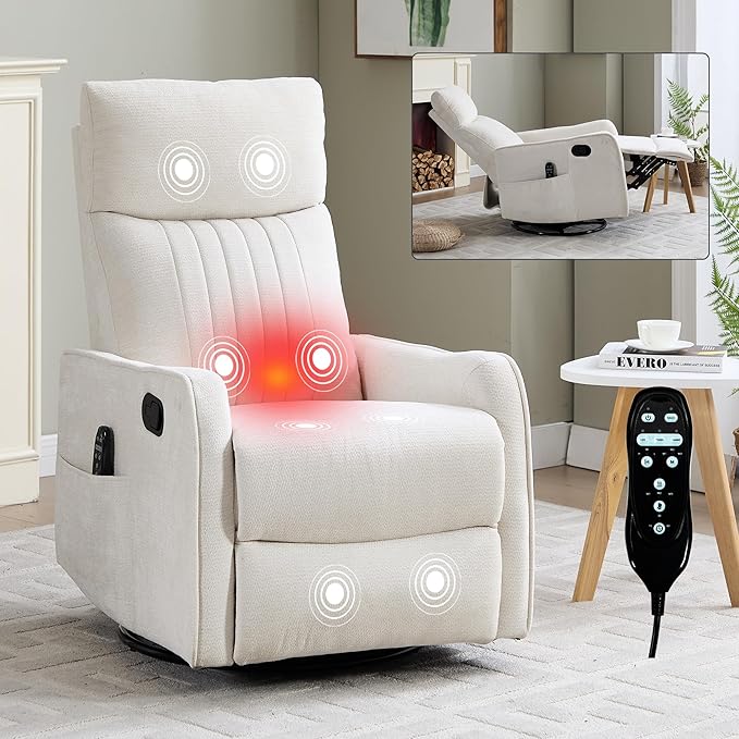 High Back Massage Recliner with Heat - Swivel Rocking Chair for Small Spaces Manual Lazy Boy Recliner for Adults Perfect for Living Room &amp Bedroom Soft Fabric (Beige)