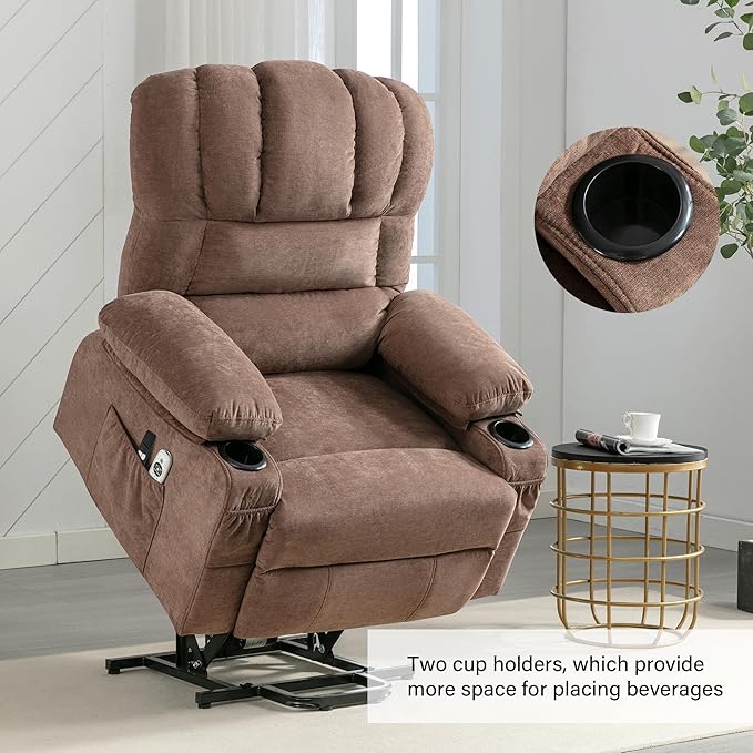 Power Lift Chaise LoungeModern Comfortable Massage Chair with HeatMulti Functional Reading Chair with Side Storage Pockets for for Living RoomBedroomStudyBrown.