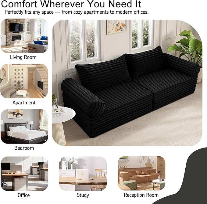 MeMoreCool Convertible Sofa Bed Folding Floor Couch Bed Queen Pull Out Sleeper Couch with Pillows Fold Out Futon Sofa for Bedroom Living Room Small Space Corduroy Black
