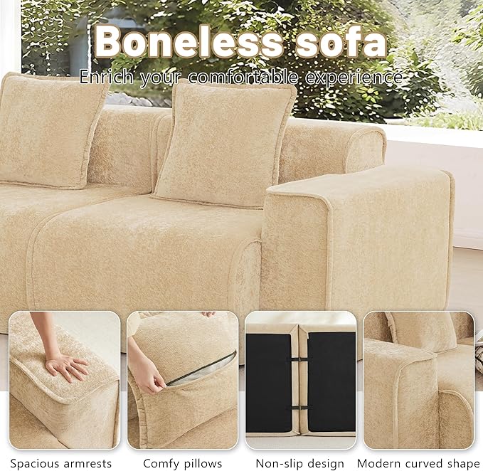 KEIKI 4Seat Modular Boneless Velvet Sofa Couch for Casual Home Bedroom Studio Style Conscious Homeowners Luxurious Elegant Sophisticated Refined Design Stylish Design Light Camel
