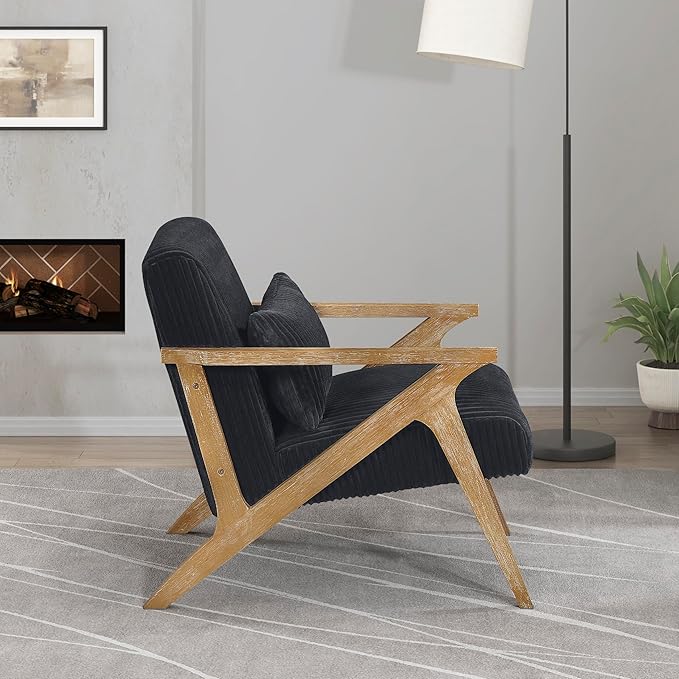 Lexicon Mid Century Modern Accent-Chair with Lumbar Pillow Brown Solid Wood Frame Comfy Corduroy Upholstered Lounge Arm Chair for Living Room/Bedroom/Office/Reading Nook Assembly Required Black