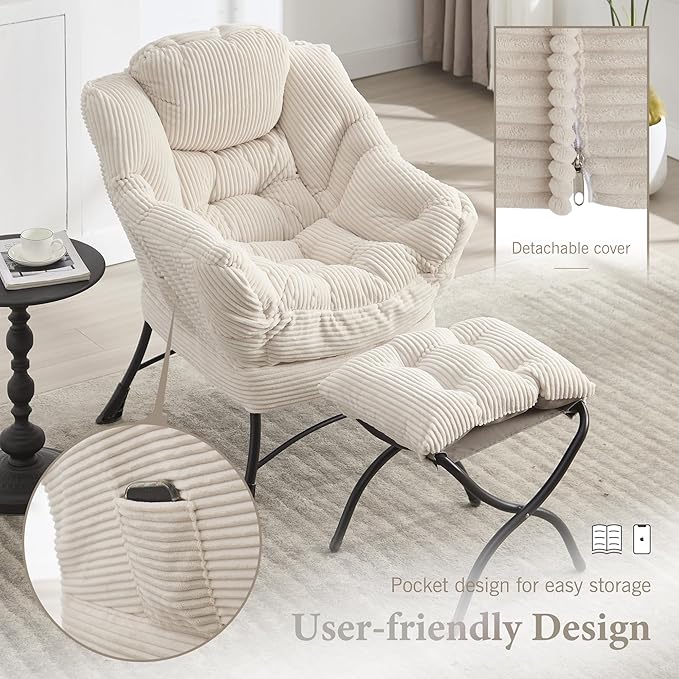 HOMEFUN Lazy Chair with Ottoman Bedroom Chairs for Adults Modern Lounge Accent Chair with Armrests Ergonomic Footrest for Small Spaces Comfy Reading Chair for Living Room Bedroom Office White