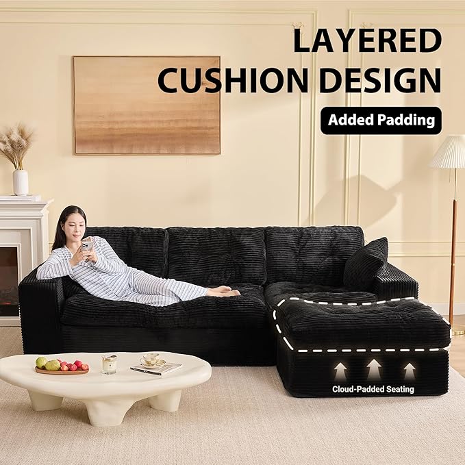 Modular Sectional Sofa 102” L-Shaped Corduroy Couch with Ottoman Deep Seat Comfy Sectional for Living Room Set of Soft Upholstered Cloud Couch for Apartment Black