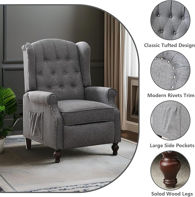 MANBUR Wingback Pushback Recliner Chair Upholstered Tufted Recliner with Massage and Heat Tufted Armchair Single Sofa Reclining Sofa for Living Room Bedroom or Club (Gray)