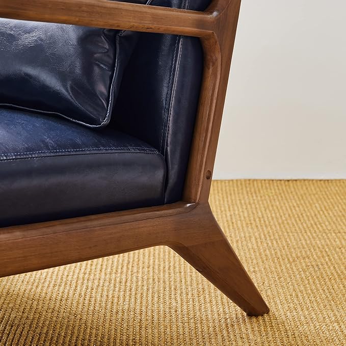 Glitzhome 30.75 H Mid Century Navy Blue Accent Armchair Single Reading Armchair PU Leather Lounge Chair with Walnut Ruberwood Frame