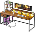 EnHomee 55 Inch Computer Desk with Hutch and DrawersReversible Home Office Desk with Monitor ShelfGaming Desks with USB Power OutletsWriting Gaming Table for Office with LED LightsRustic Brown