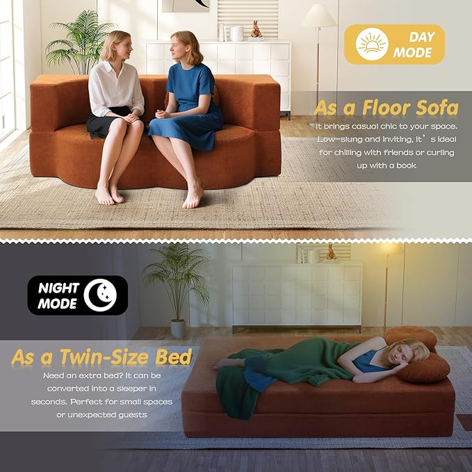 Folding Futon Sofa Bed Modern Convertible Fold Out Chenille Cloud Memory Foam Boneless Floor Lounge Loveseat Sleeper Mattress Sofa Couch with 2 Pillows for Guest Room Living Room Office Orange