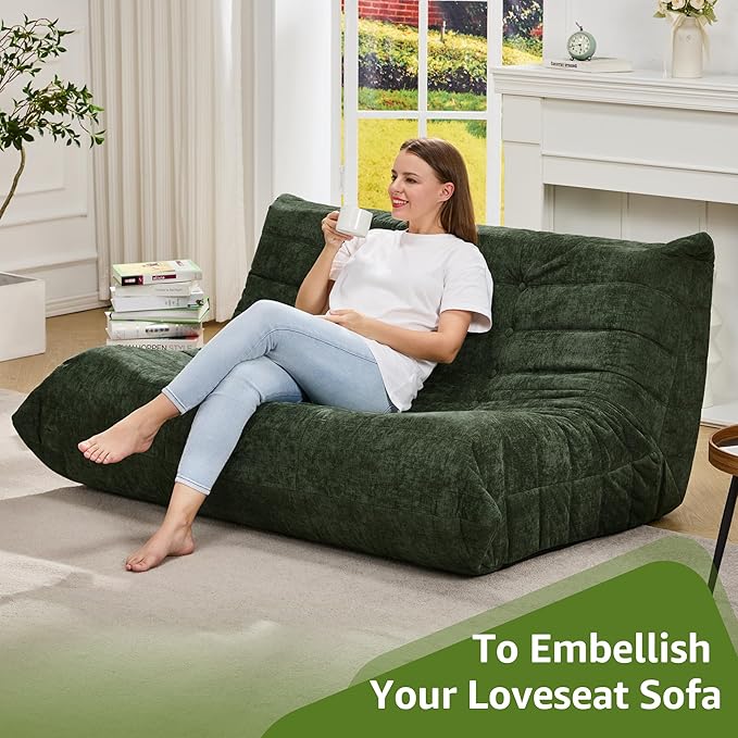 Bean Bag Chairs for Adults Giant Bean Bag Chair Memory Foam BeanBag Chair Bean Bag Sofa with Filler Faux Fur Fireside Beanbags Lazy Sofa for Living Room Bedroom Office (Green Chenille Loveseat)