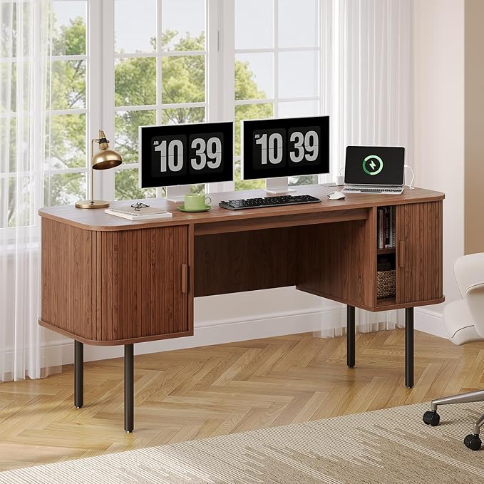 ONBRILL 63 Inch Fluted Computer Desk with Charging Station Mid Century Executive Desk with 2 Storage Cabinets Modern Home Office Large Desk with Metal Legs for Working Studying Writing Walnut