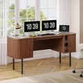ONBRILL 63 Inch Fluted Computer Desk with Charging Station Mid Century Executive Desk with 2 Storage Cabinets Modern Home Office Large Desk with Metal Legs for Working Studying Writing Walnut