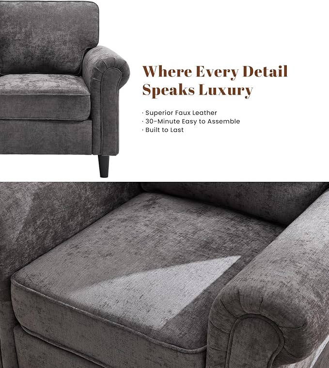 Kingfun Living Room Arm Chair Modern Accent Chairs Cloud Single Sofa Spring Seat Cushion Comfy Lumber Pillow Chenille Fabric Removable Cover Soft Upholstered Furniture Home Apartment Grey